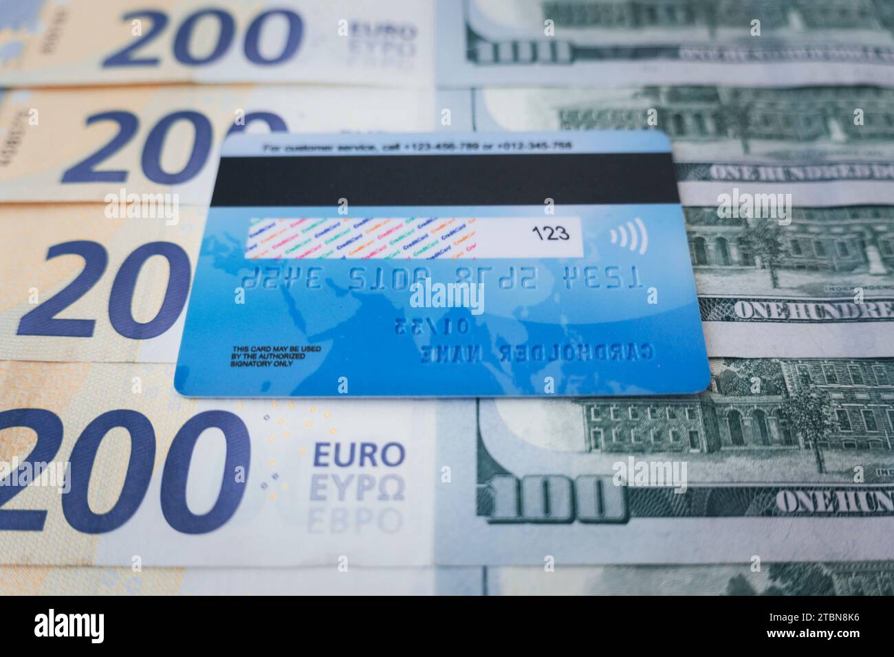 Concept of payment and credit. Dollar vs euro banknotes and credit cards as background. Stock Photo