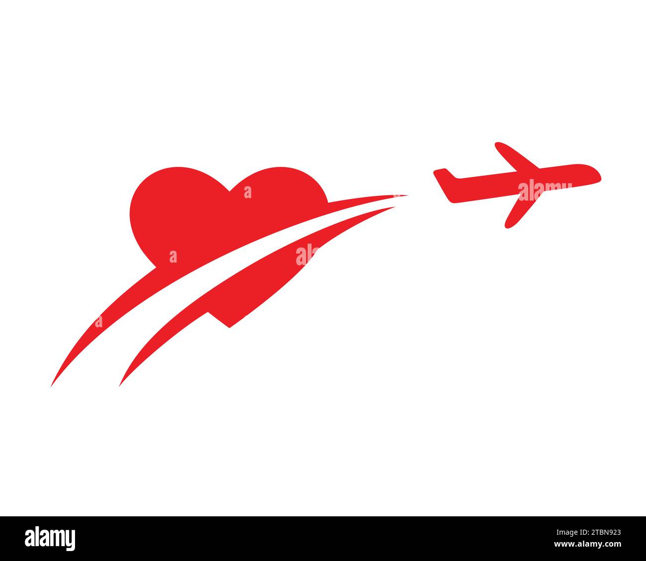 Take Off Plane Flying Through Love or Heart Symbol combined with Swoosh Symbolizing Honeymoon Travel, and Vacation Stock Vector