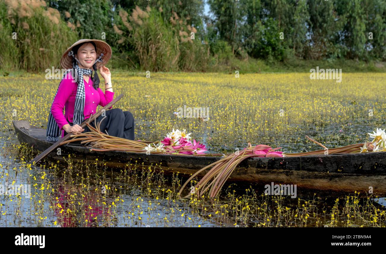 Moc Hoa district, Long An province, Vietnam - December 2, 2023: Women in western Vietnam during flowering season Utricularia foliosa,   is a large sus Stock Photo