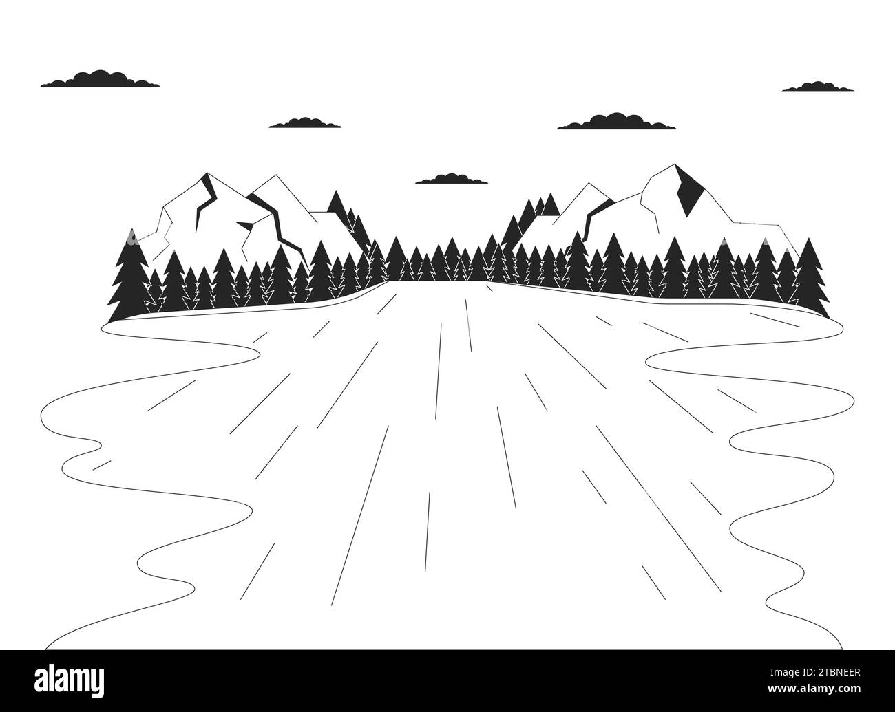 Lake forest mountains black and white cartoon flat illustration Stock