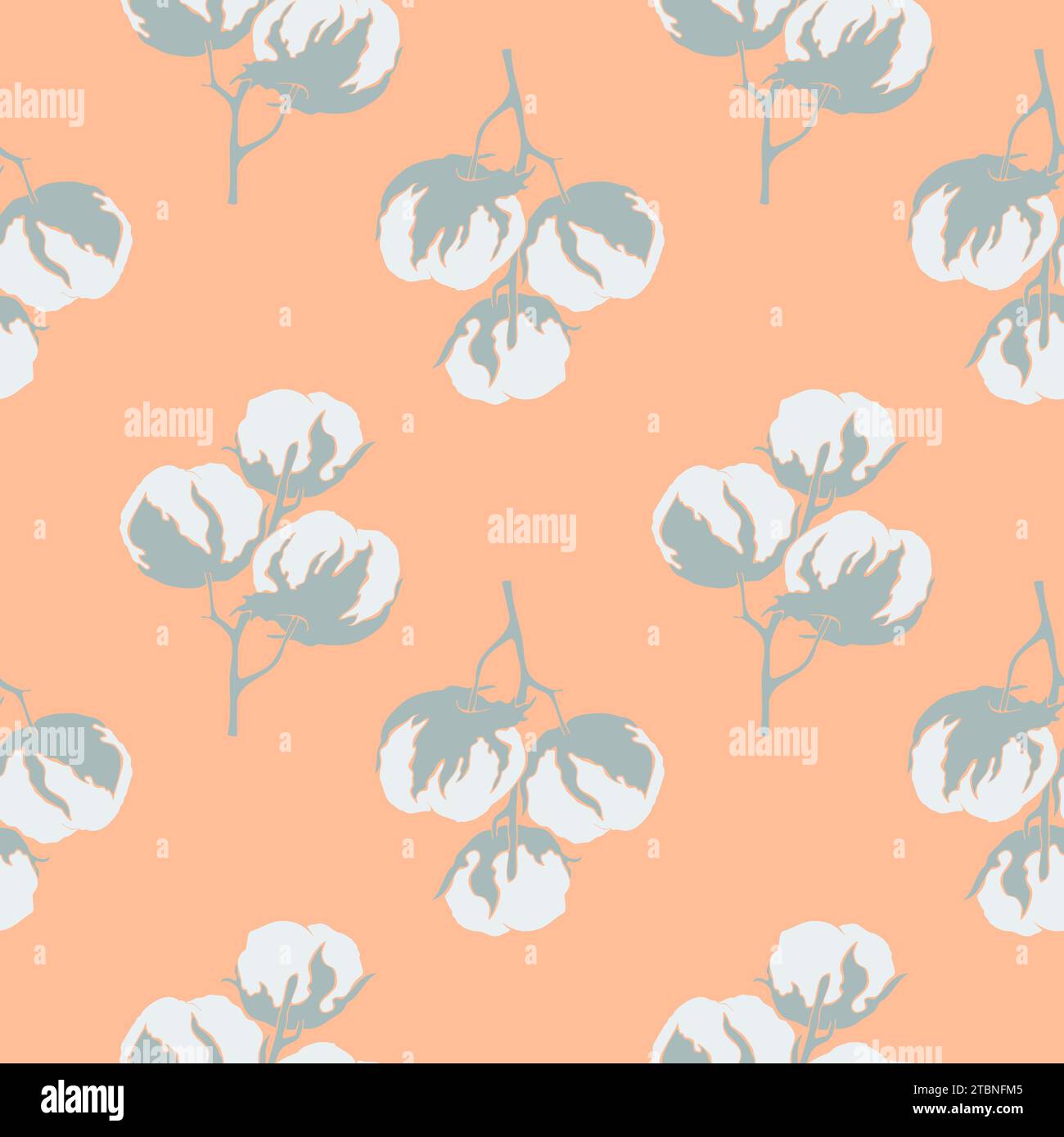 Pattern Cotton flower branch trend color 2024 Peach fuzz 13-1023, for wallpaper, background, surface textures, textiles. Vector illustration Stock Vector