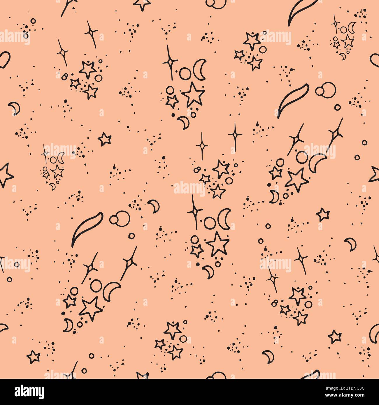 Seamless doodle pattern with stars and moons on Peach Fuzz background. Boho style illustration. Can be useful for textiles , wrapping paper or wallpap Stock Vector