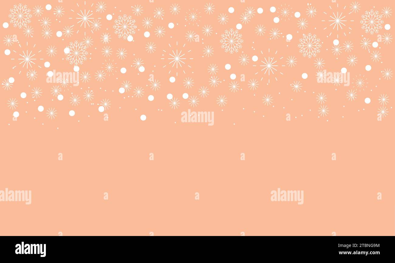 Abstract Christmas Peach Fuzz background with white snowflakes. Winter concept with falling snow. Holiday texture and white snowflakes. Vector illustr Stock Vector