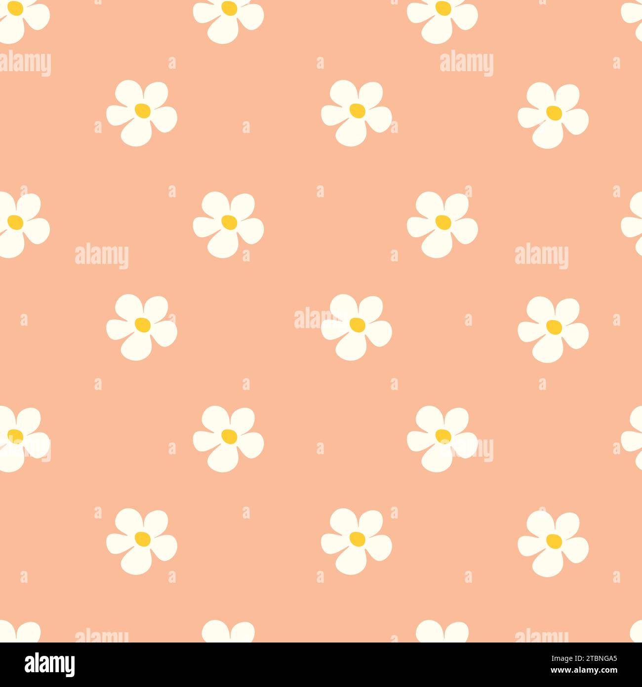 Chamomile floral seamless pattern on Peach Fuzz background. Small summer flowers in simple cartoon doodle style perfect for textile, wallpaper, fabric Stock Vector