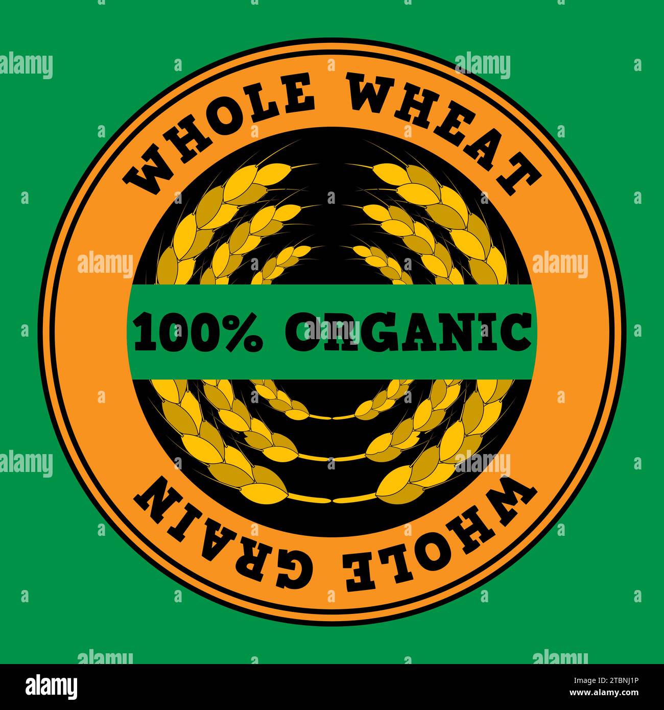 Ripe ears of whole wheat in a round banner and the inscription 100% organic. Black, gold, green colors. Vector illustration. Stock Vector