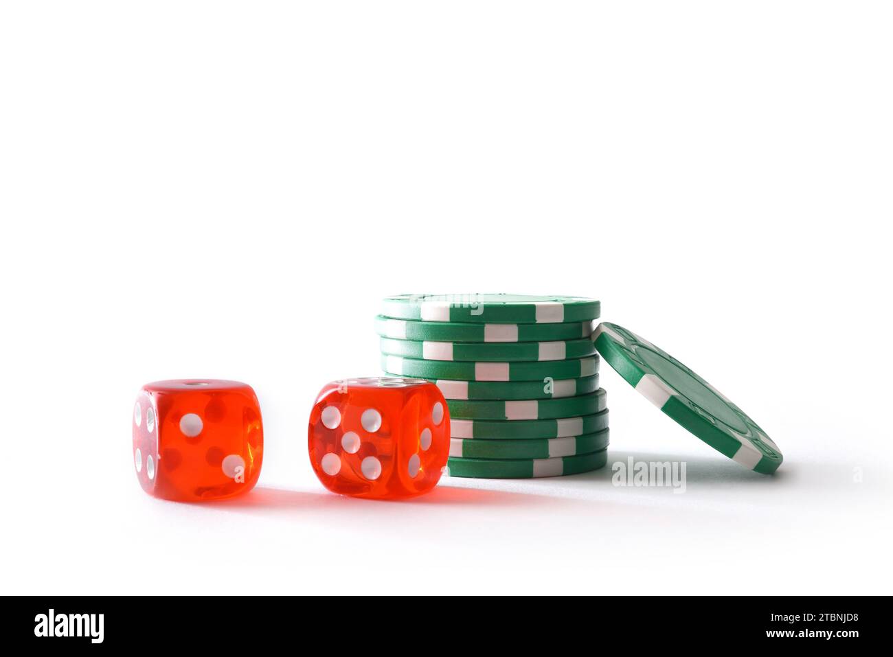 Casino dice game background with stack of green chips for betting and