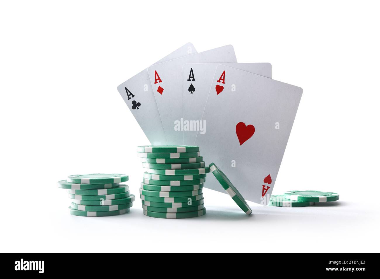Background with cards of aces and chips for betting isolated on white table and background. Front view. Stock Photo