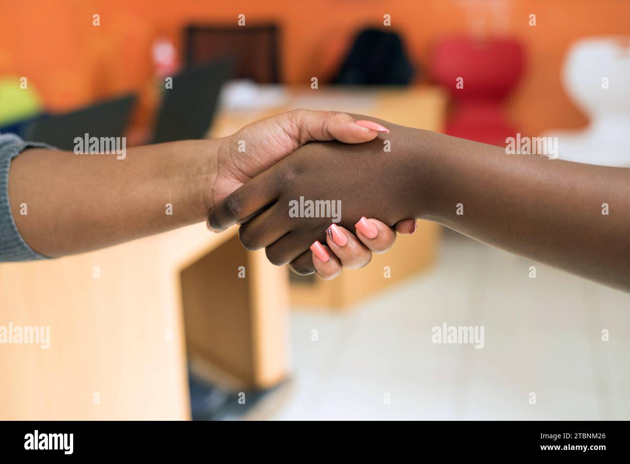 Handshake close view background. Business agreement, deal concept Stock Photo