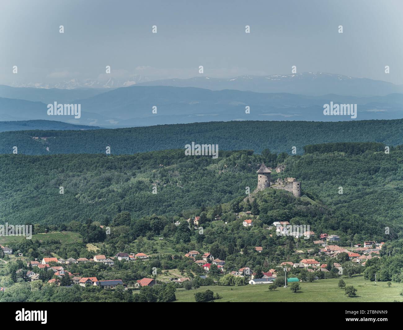 Aerial view of the famous Castle of Somosko. Slovakian name is Šomoška hrad, Hungarian name is Somoskői vár Stock Photo