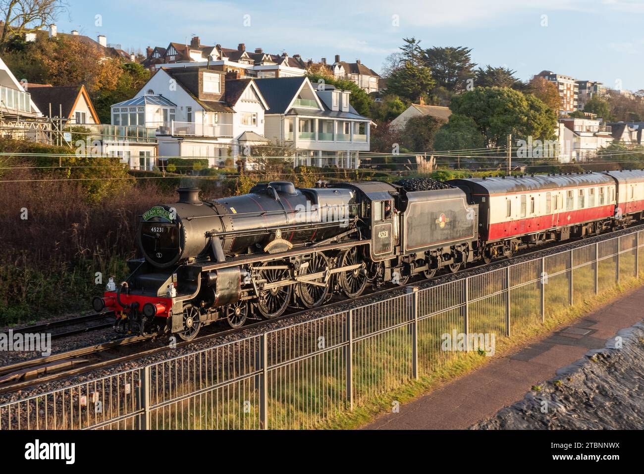 Chalkwell, Southend on Sea, Essex, UK. 8th Dec, 2023. A steam special train has set off from Southend on Sea to Winchester run by excursion operator Steam Dreams and hauled by LMS Stanier Class 5 4-6-0 ‘Black Five’ 45231, named The Sherwood Forester. 45231 was built in 1936 and served on British Railways until 1968. The route took the train on the C2C lines alongside the Thames Estuary here at Chalkwell Stock Photo