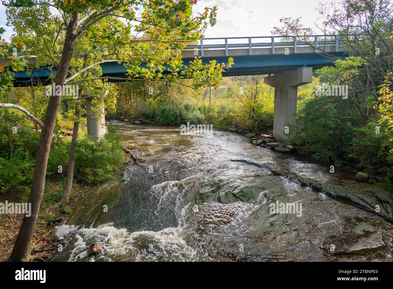 River Under Bridge at Cuyahoga Valley National Park in Ohio During Autumn Stock Photo