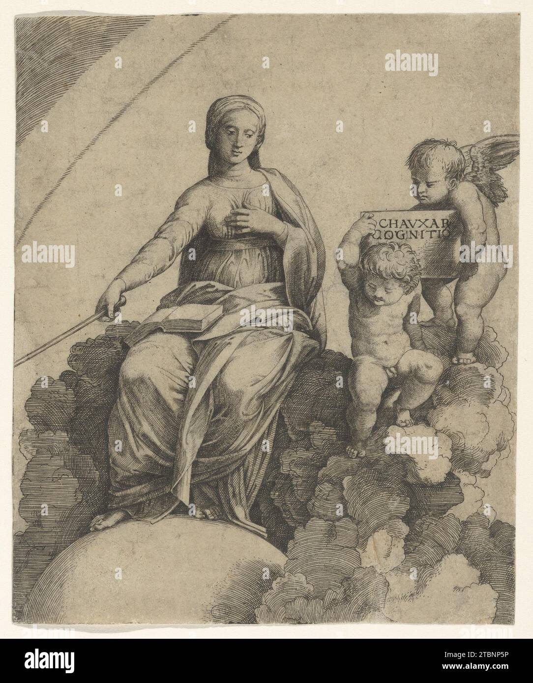 A personification of Philosophy sitting on clouds with her feet resting on a globe, two putti at right holding a tablet 1918 by Marcantonio Raimondi Stock Photo