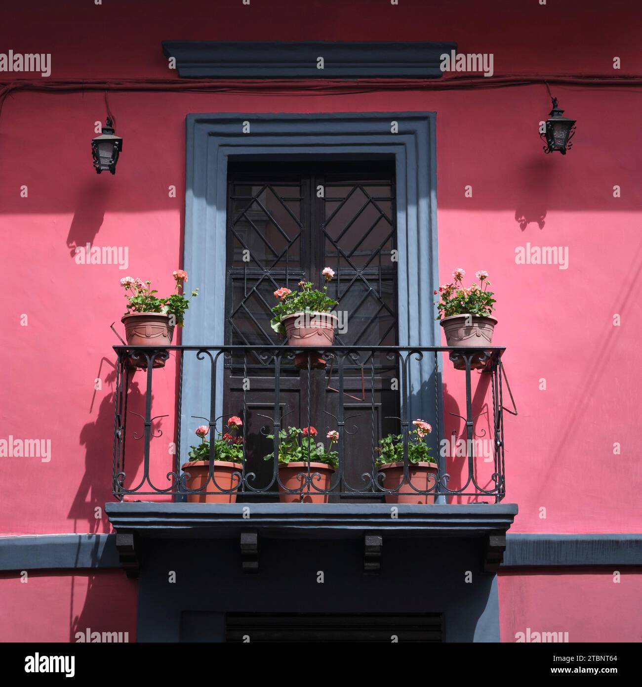 Typical balcony with flower pots on the pink painted house Stock Photo