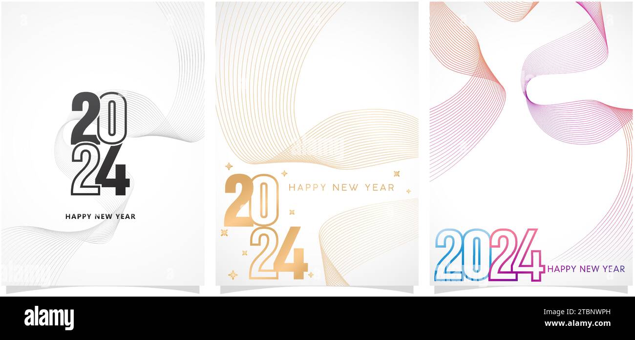 three Set of abstract design 2024 fonts numbers templates isolated backgrounds for New Year calendar, covering, social media header, greeting cards Stock Vector