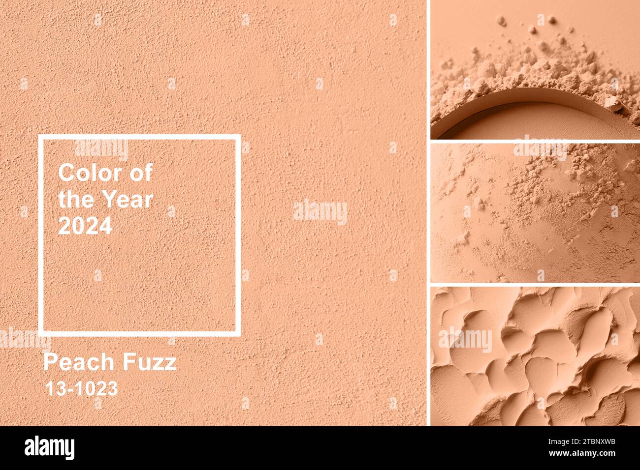 Peach fuzz is color of year 2024. Multiple textures surface in collage toned in fashion blended pink-orange trend-setting colour of the year Peach Fuz Stock Photo