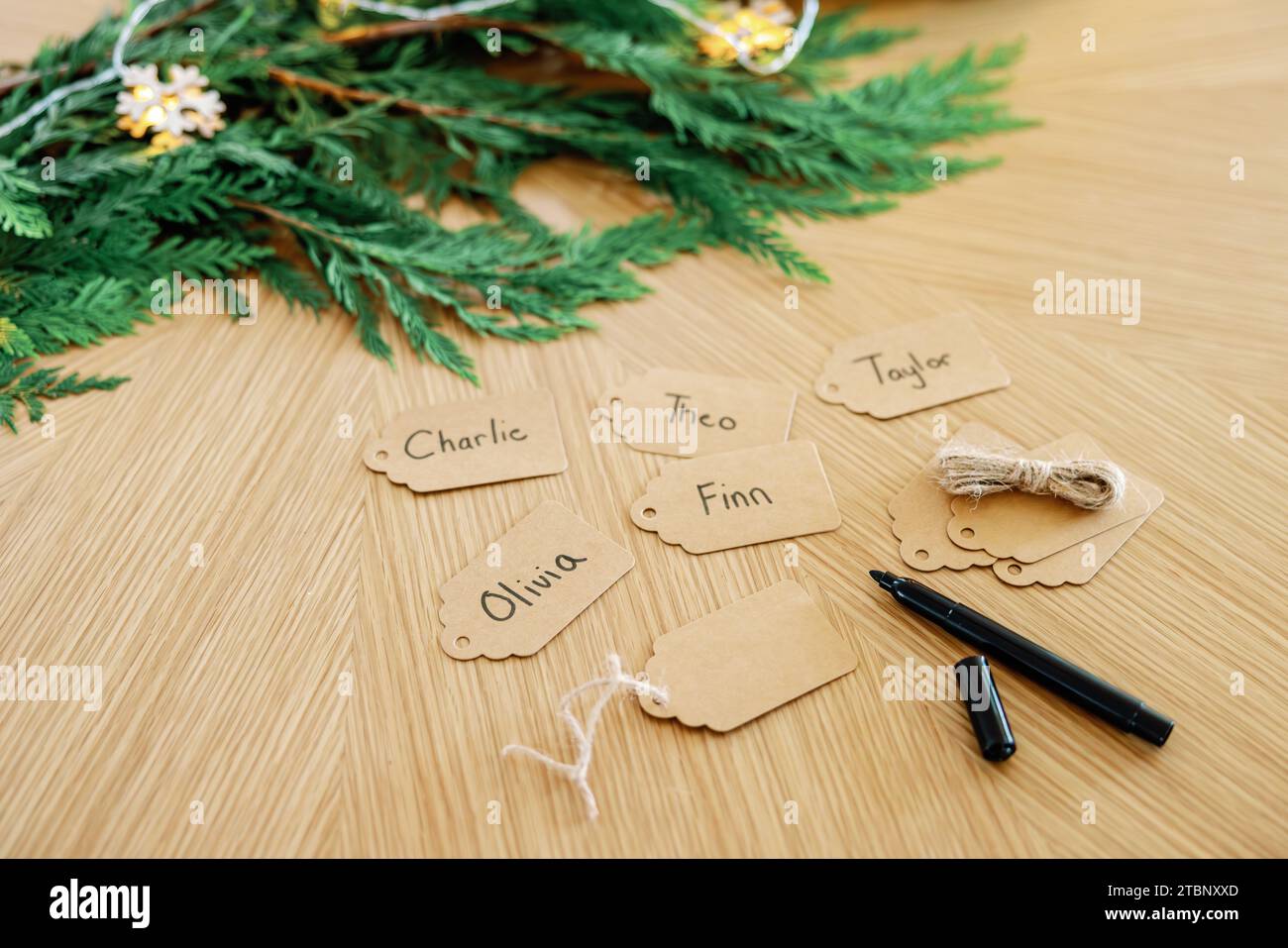 Festive handwritten gift tags with blank space for name Stock Photo Alamy