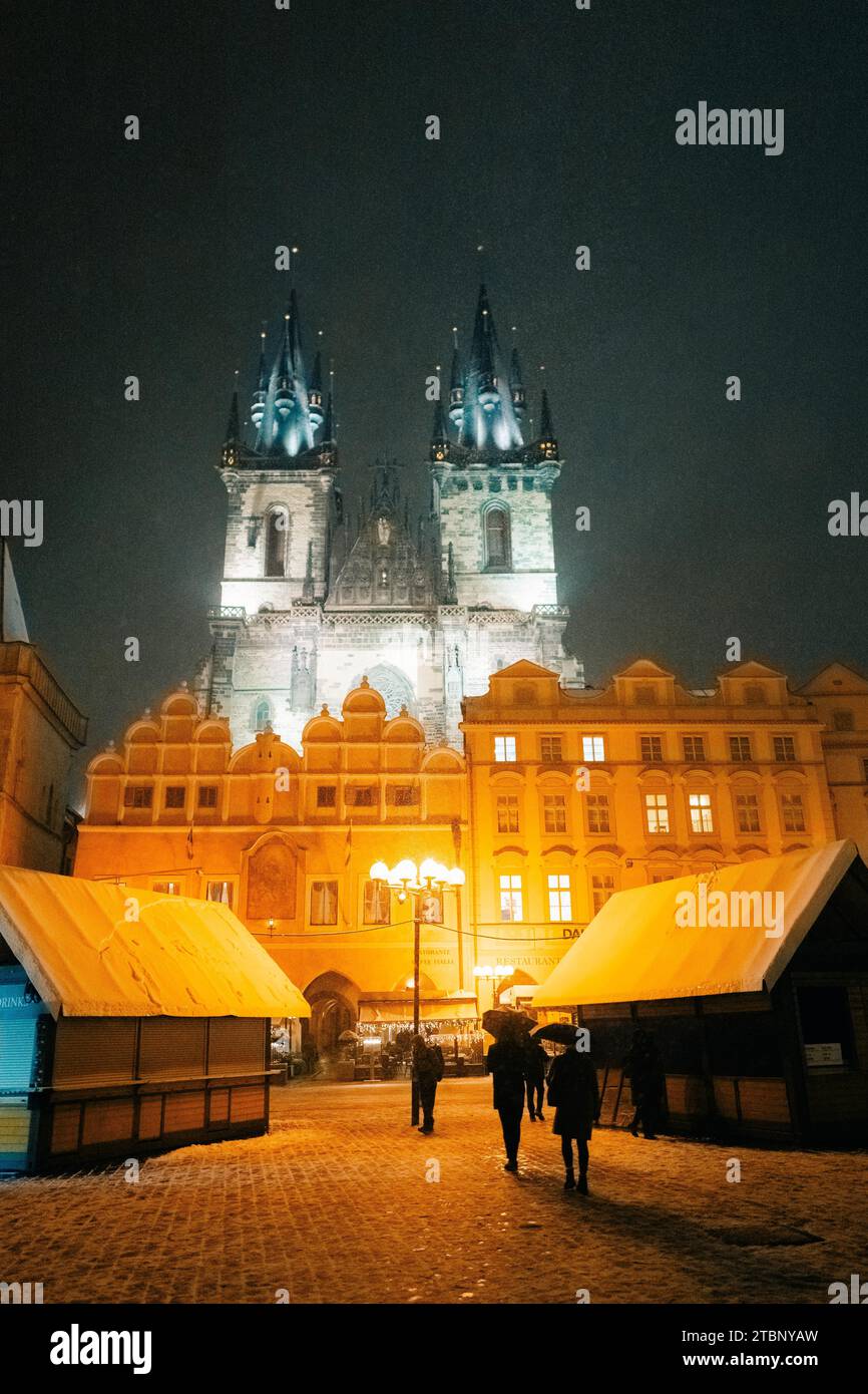 Evening snow market in Prague, Christmas and New Year Stock Photo Alamy