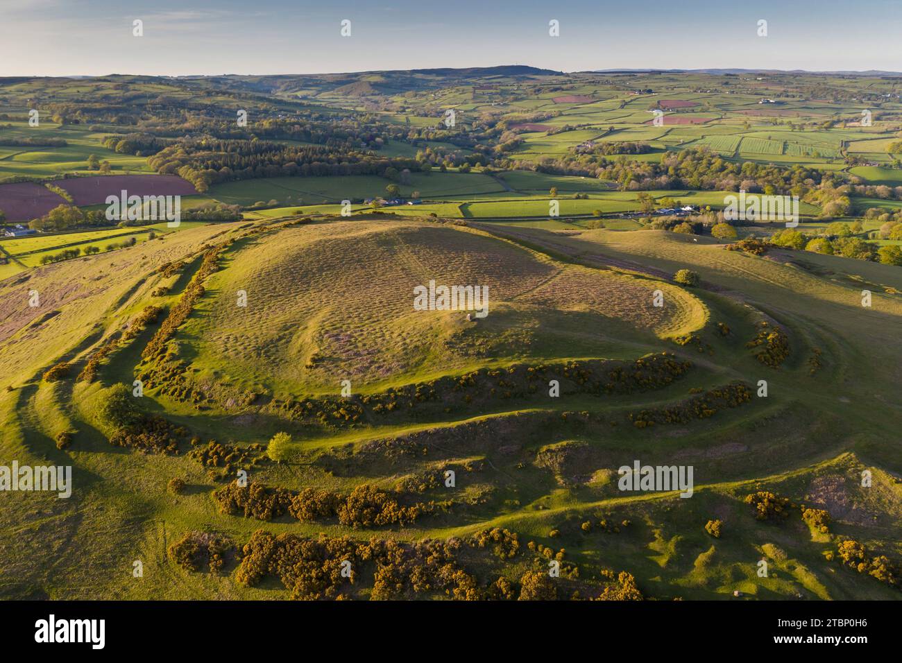 Aerial view of Pen-y-Crug Iron Age Hillfort near Brecon in Bannau Brycheiniog formerly known as the Brecon Beacons National Park, Powys, Wales, UK. Stock Photo
