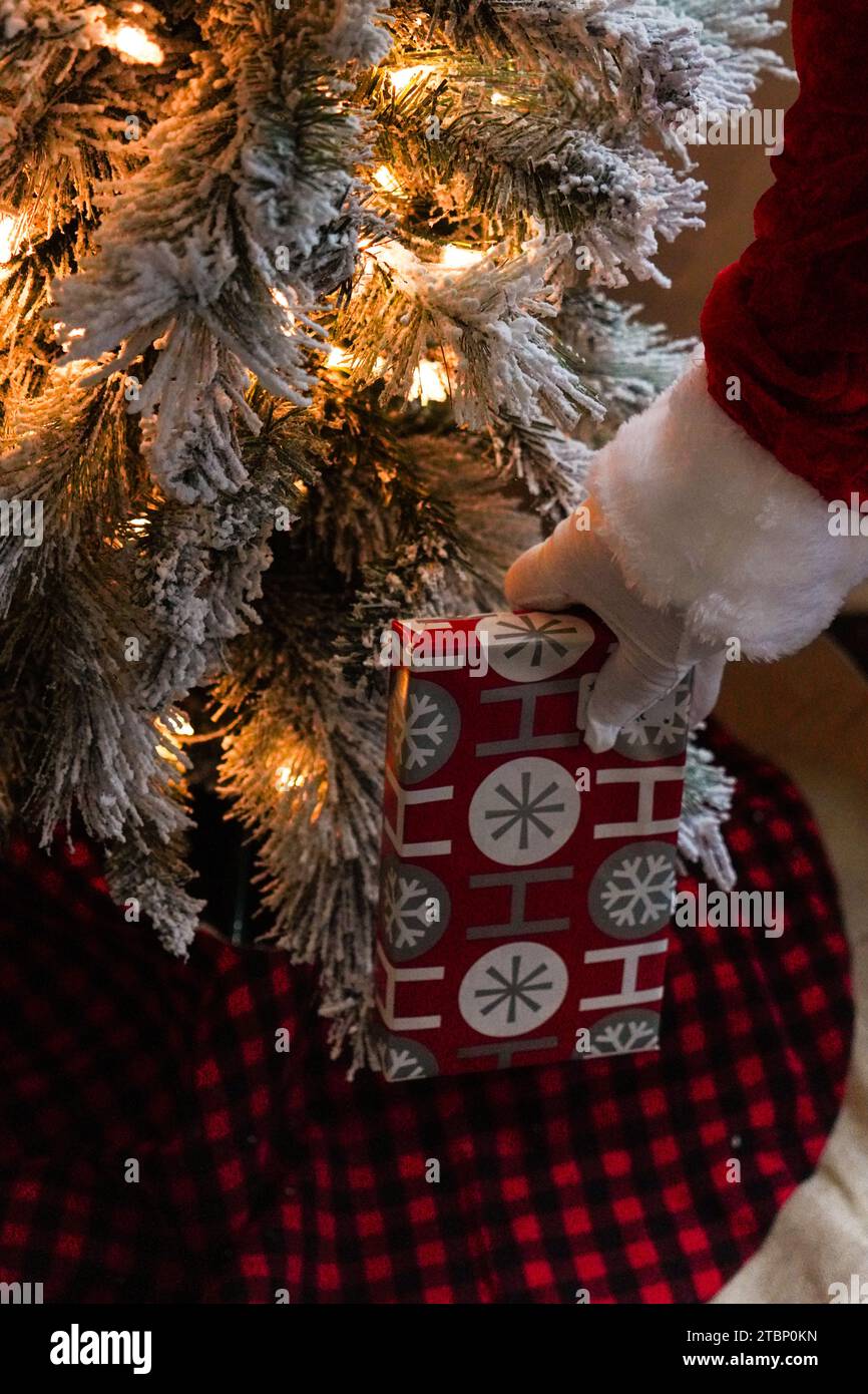Santa leaving a present under a Christmas tree Stock Photo Alamy