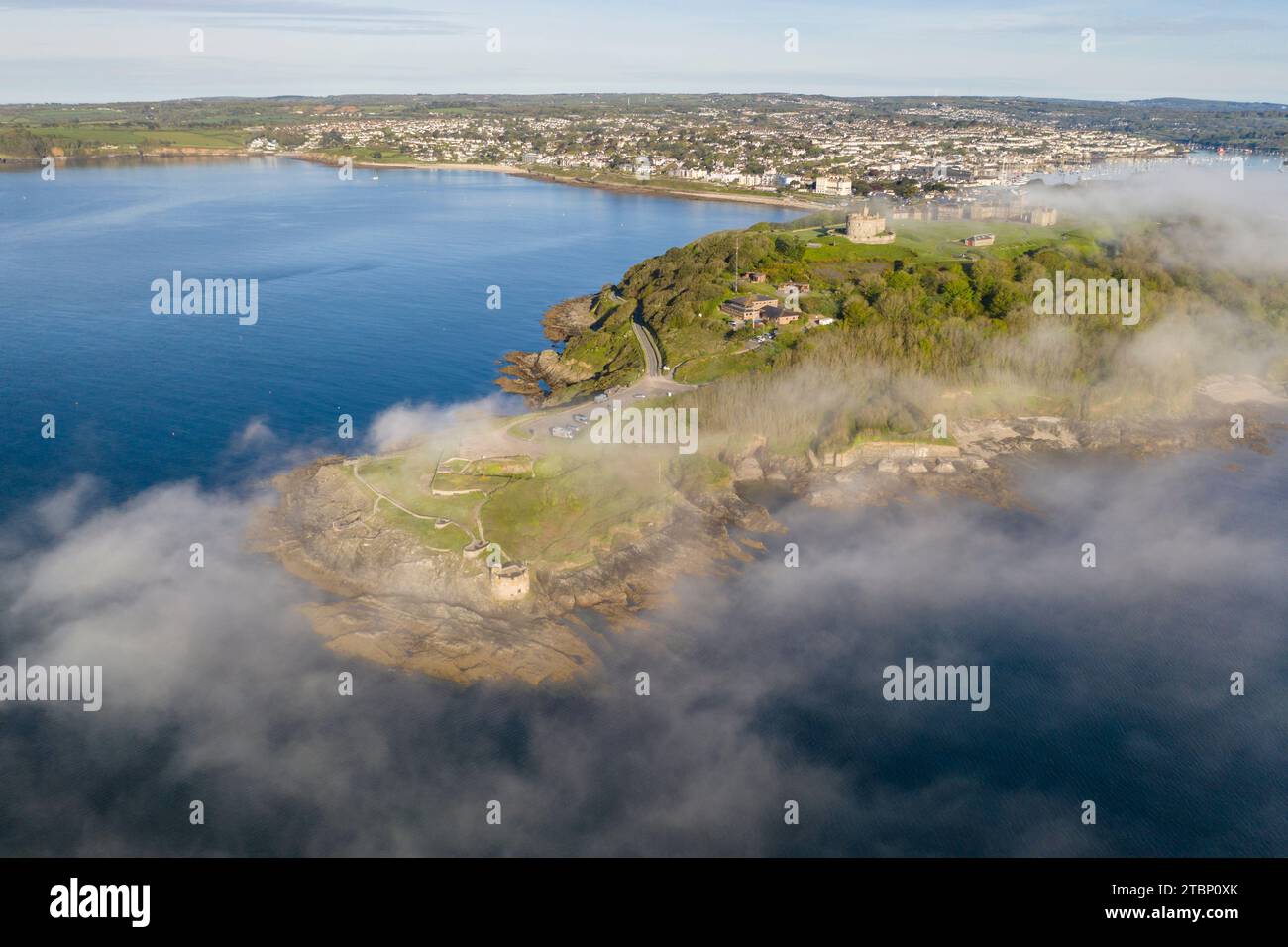 Aerial view of Pendennis Head and Castle on a misty morning, Falmouth, Cornwall, England.  Spring (May) 2023. Stock Photo