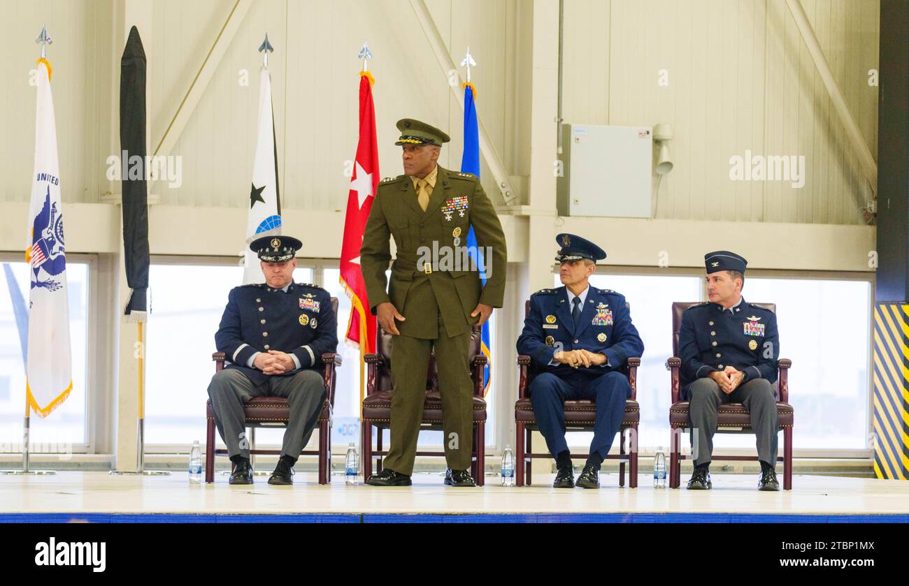 08 December 2023 Rhineland Palatinate - 08 December 2023 Rhineland Palatinate Ramstein Miesenbach Bradley Saltzman L R Chief Of Space Operations For The United States Space Force Michael Langley Commander United States Africa Command Steven Basham Deputy Commander United States European Command And Max Lantz Director Of Space Forces Europeafrica And Commander National Security Space Institute Sit On Stage At The Us Space Forces Europe And Africa Command Activation Ceremony At Ramstein Airbase Germany The United States Space Force Is Expanding Its Global Reach With The Establishment Of A New Space Formation For Europe 2TBP1MX 
