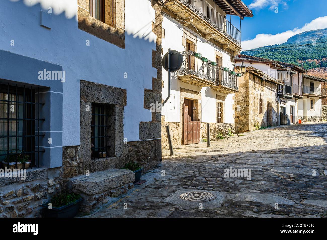 Street and traditional houses of the beautiful town of Candelario, in Salamanca. Stock Photo