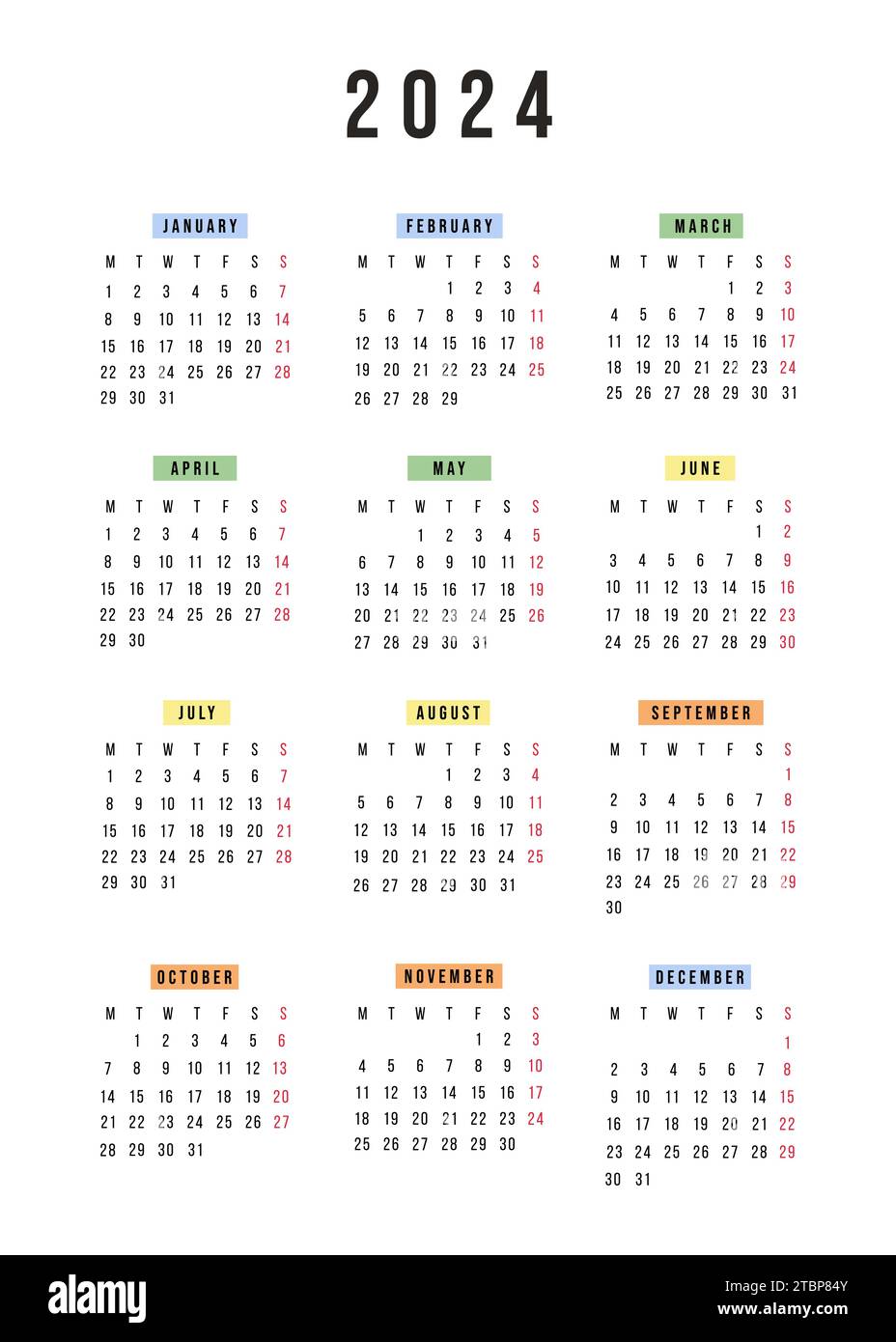 English vertical calendar 2024 year. Vector stationery calendar week ...