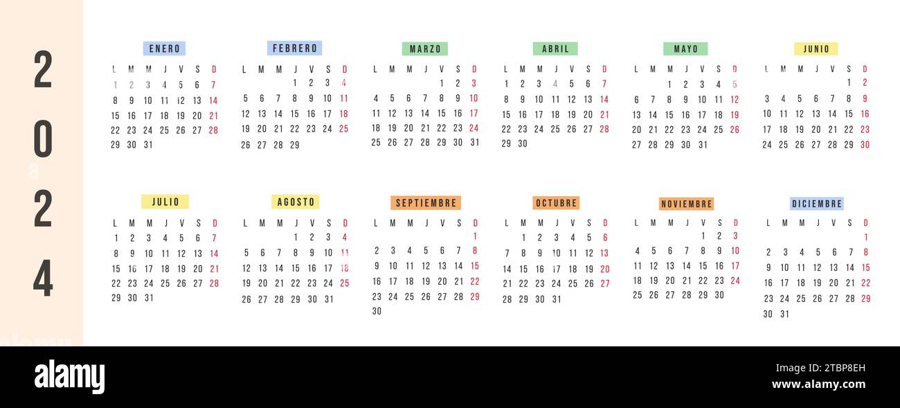 Spanish Calendar 2024 Year Vector Stationery Horizontal Calendar Week   Spanish Calendar 2024 Year Vector Stationery Horizontal Calendar Week Starts Monday Yearly Organizer Simple Calendar Template In Minimalist Design 2TBP8EH 