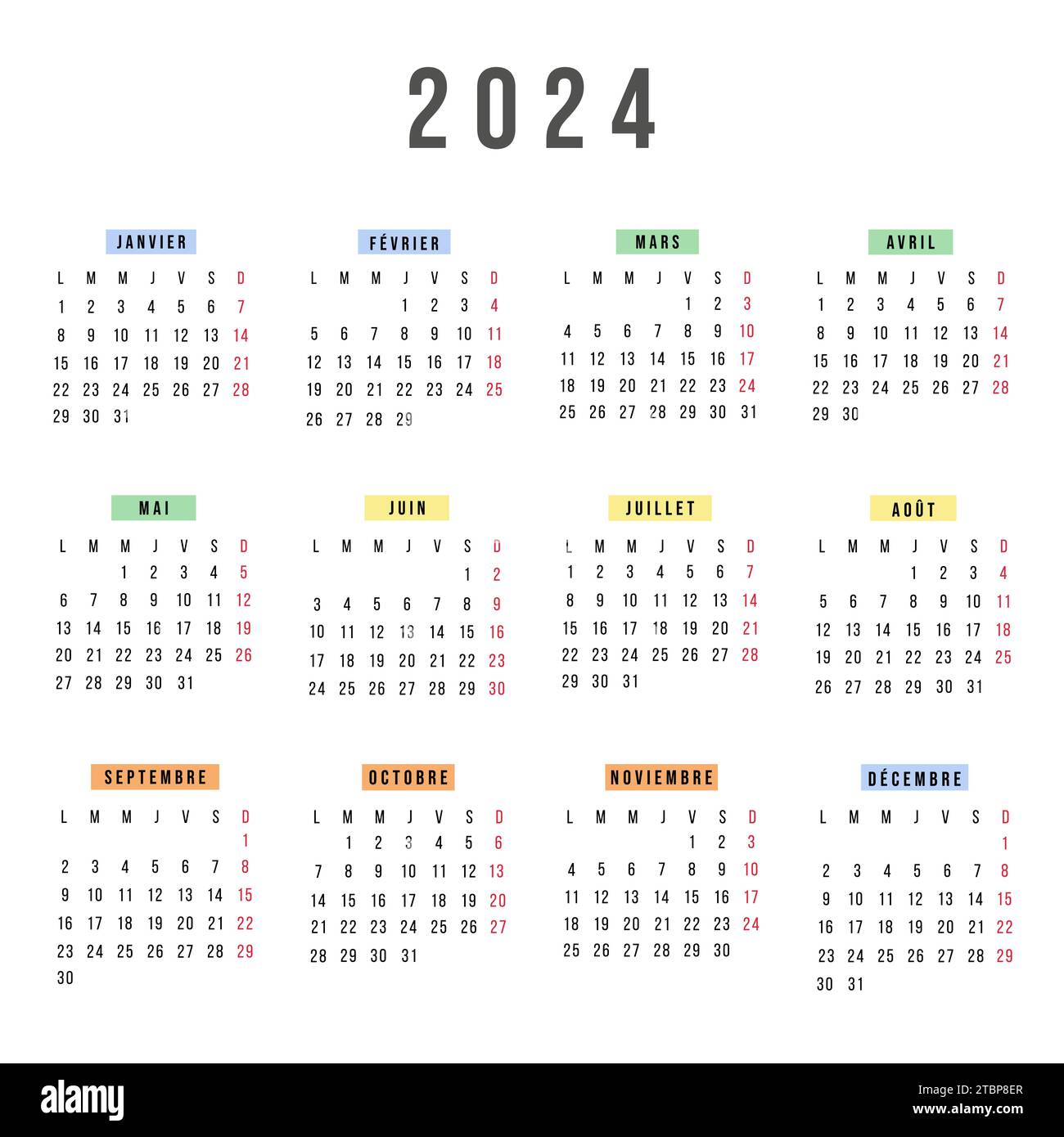2024 year simple vertical calendar in french language, typographic calendar  on white Stock Vector Image & Art - Alamy