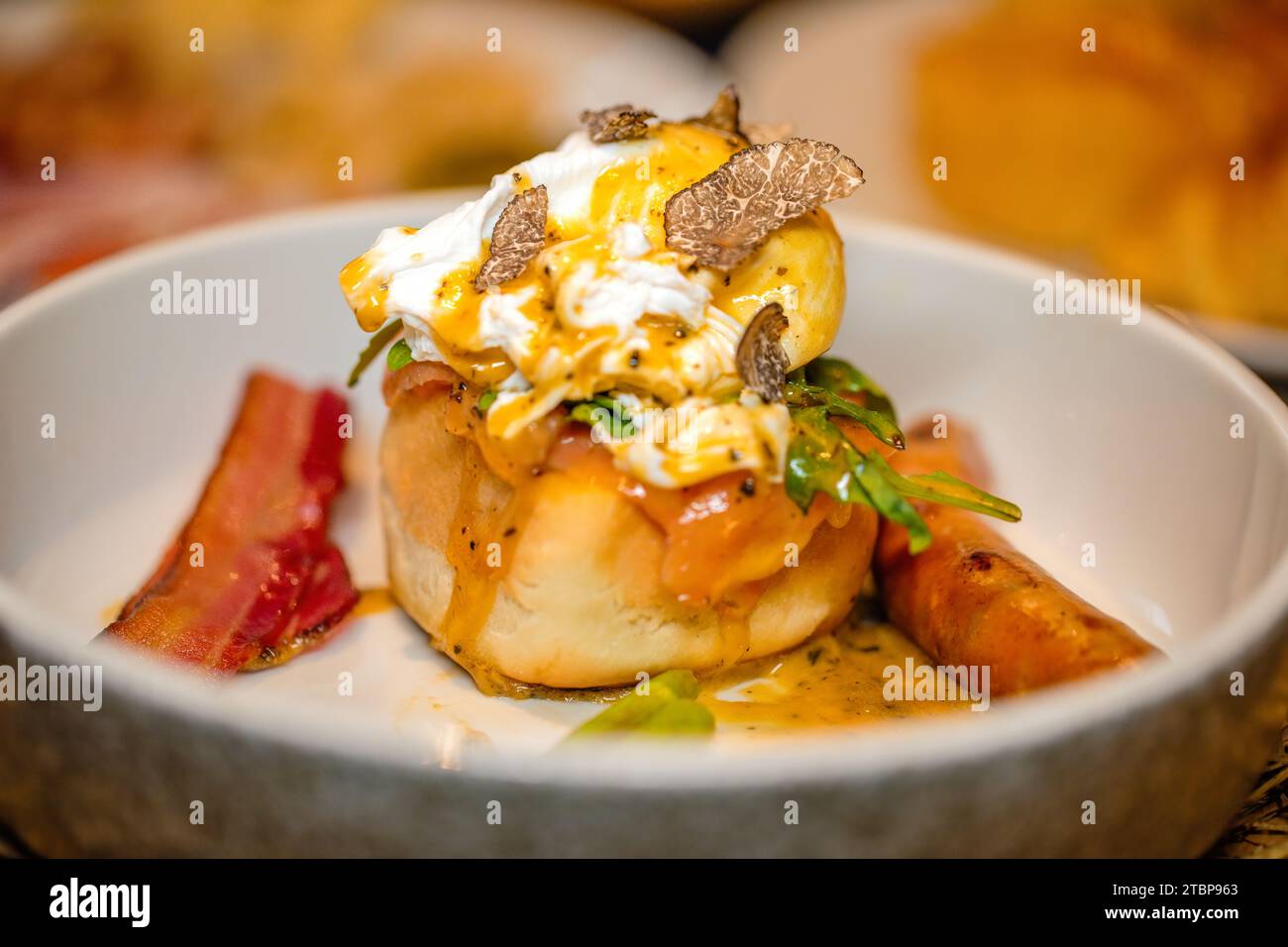 Gourmet meal with truffles and bacon presented in fine dining setting