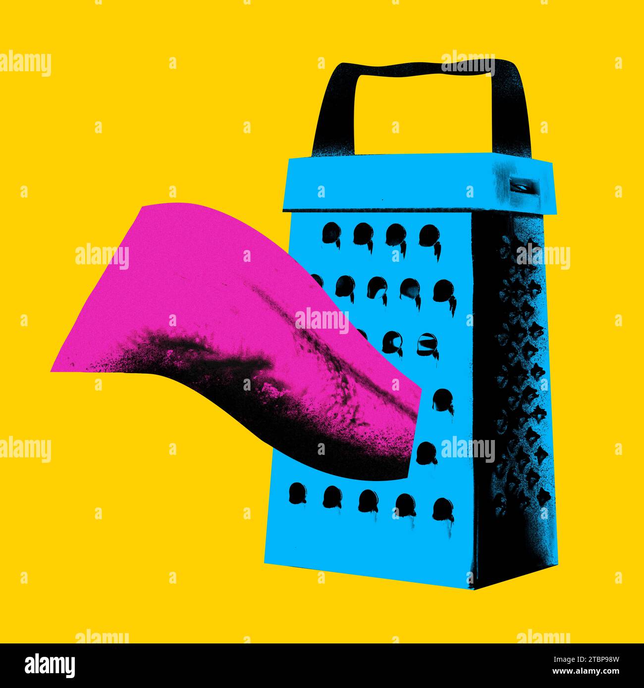 Human tongue on grated over yellow background. Rumors, gossips