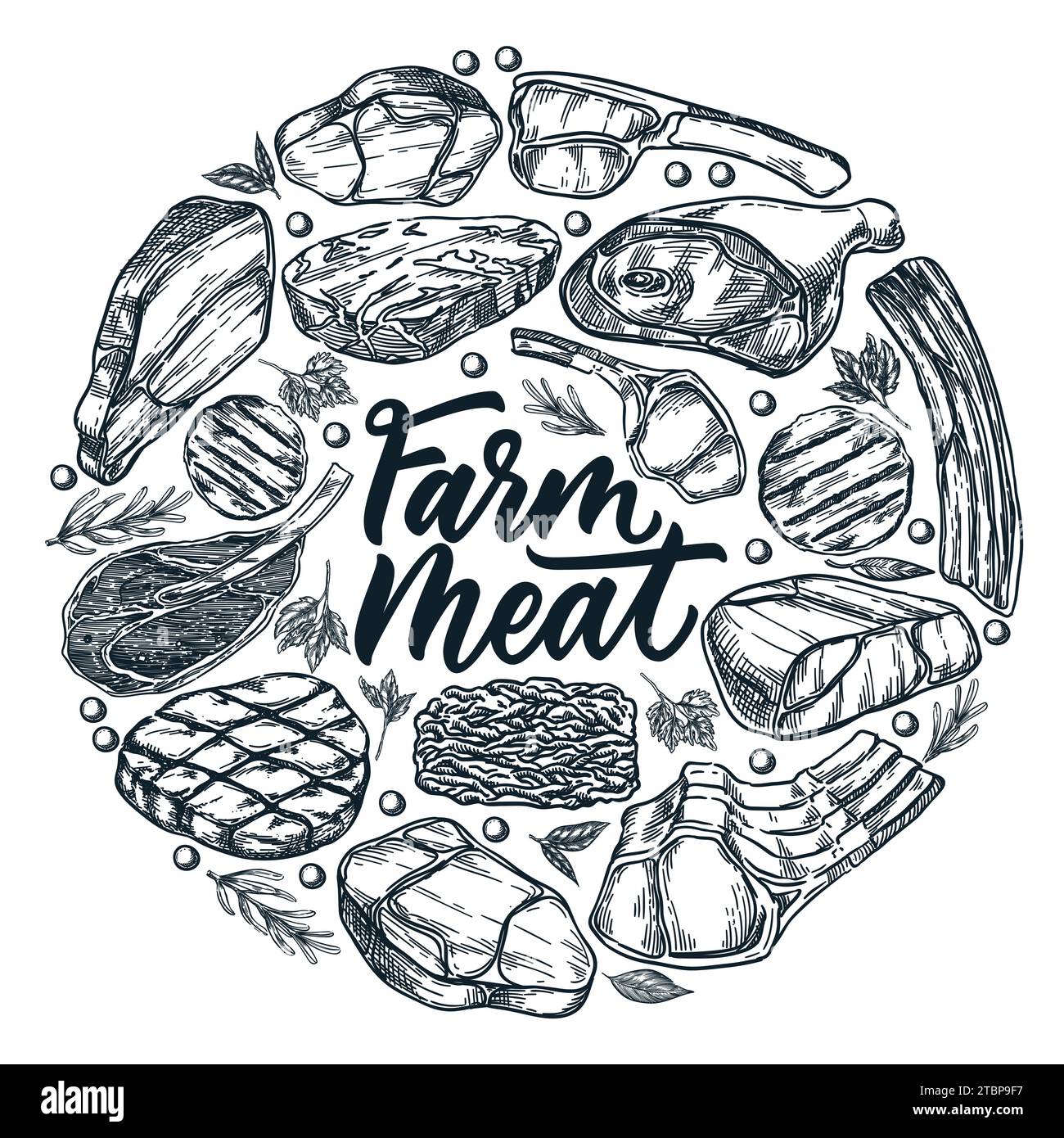Farm fresh meat products package circle label or sticker. Vector hand drawn sketch illustration of beef, pork, lamb and calligraphy lettering. Food ba Stock Vector