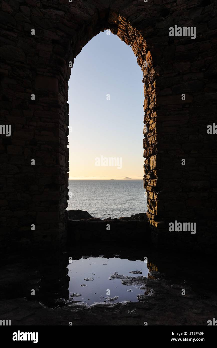 Window view from Lady’s Tower on the Fife Coastal Path, Ruby Bay, Elie, Fife, Scotland, UK Stock Photo