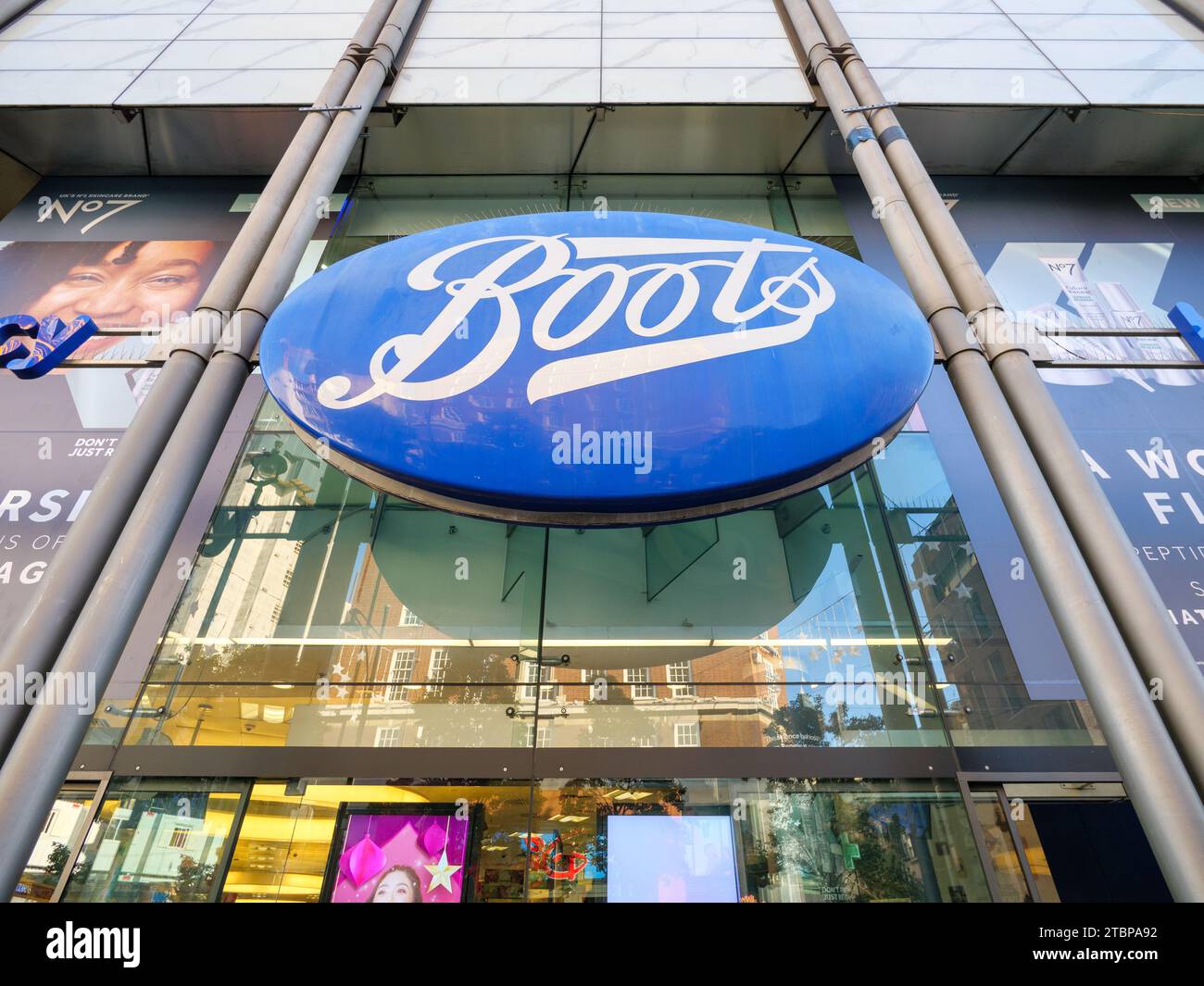 Boots shop logo on Oxford Street, London, UK Stock Photo