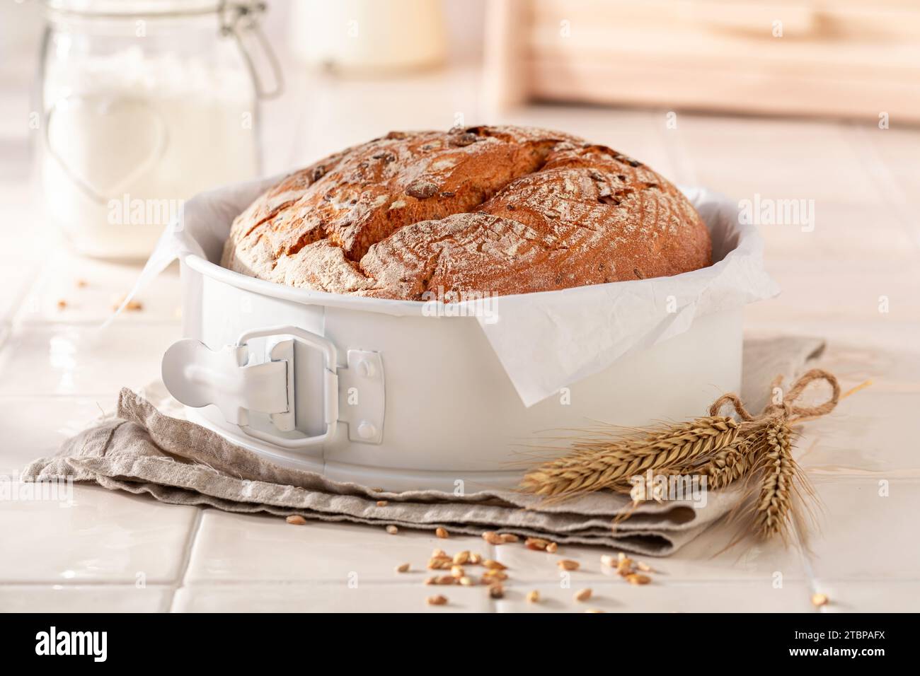 Homemade loaf of round bread as source of fiber and energy. Multigrain