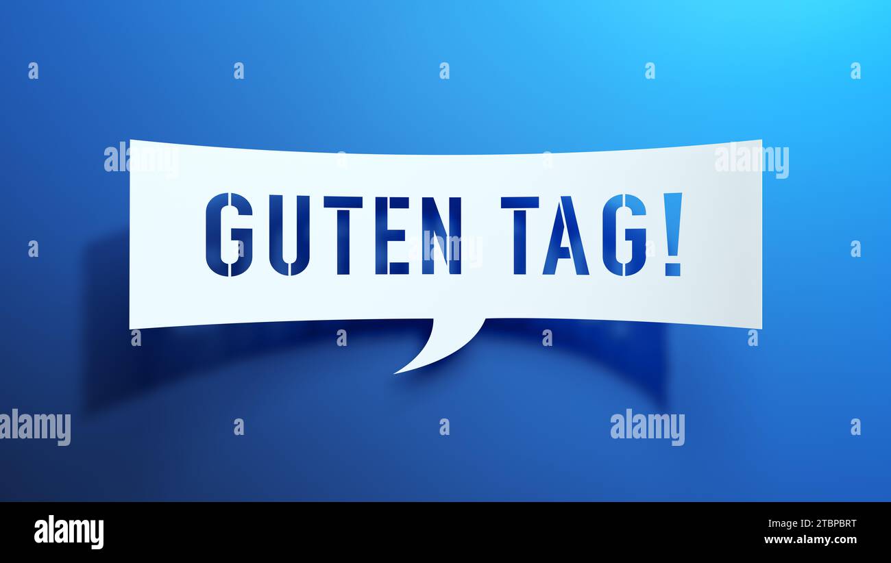 Guten Tag - Speech Bubble. German Language. Minimalist Abstract Design With White Cut Out Paper on Blue Background. 3D Render. Stock Photo