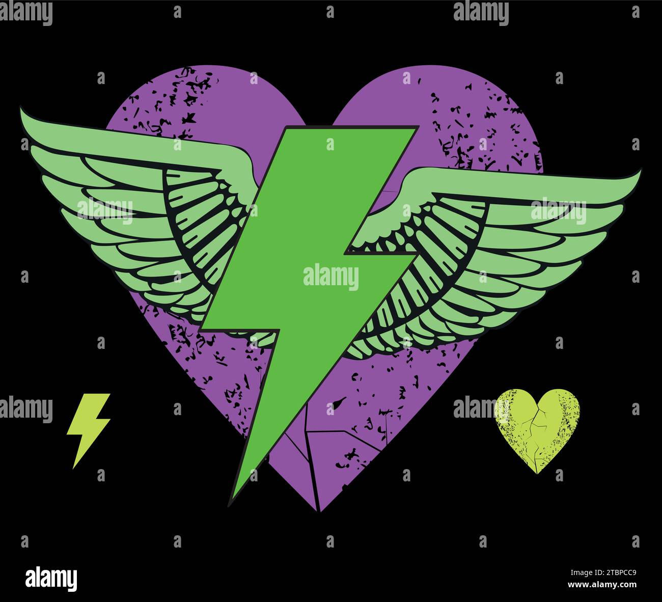 T-shirt design of the thunderbolt symbol with wings over a violet heart ...