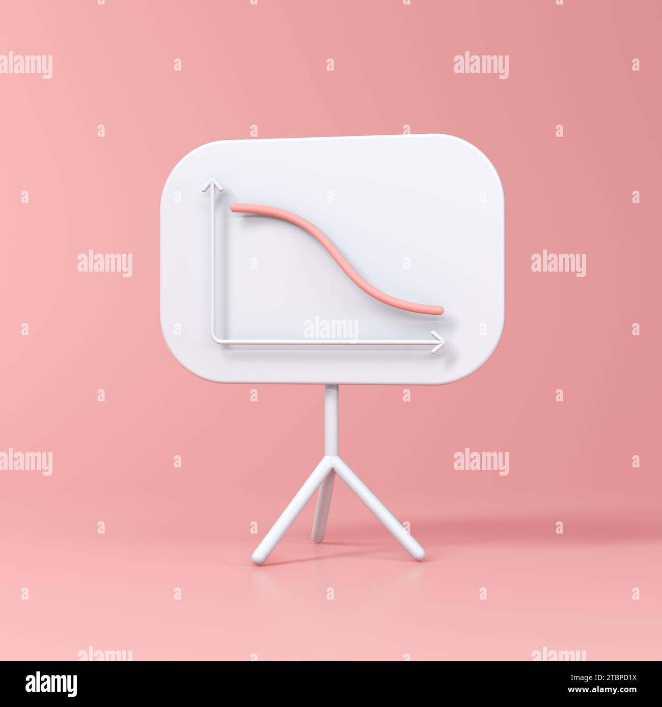 Down Graph Red Line on White Board Isolated Over Soft Red Background. Cartoon Minimalism Style. Business Concept. 3D Render Illustration. Stock Photo