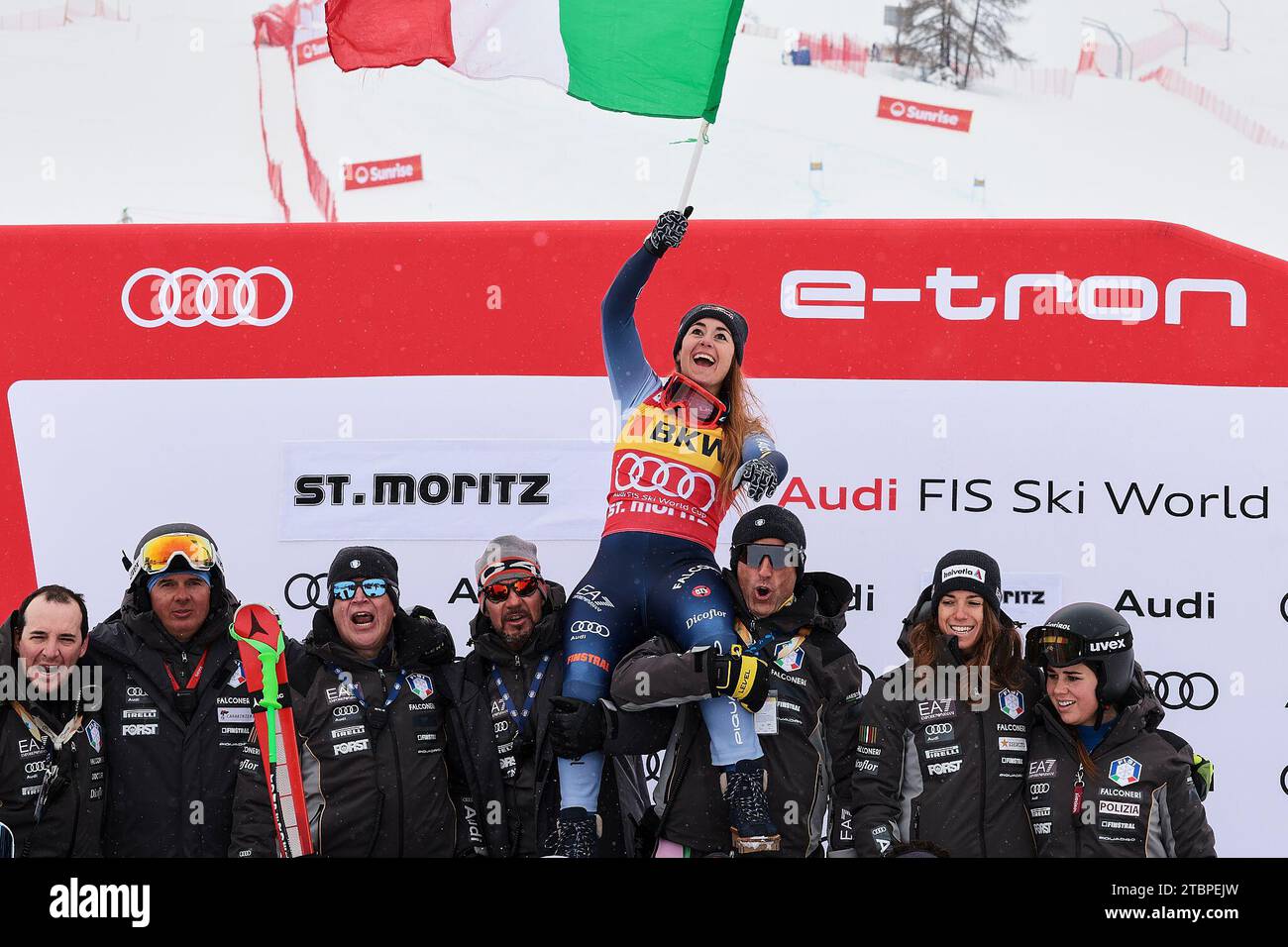 St.Moritz, Switzerland. 08th Dec, 2023. ALPINE SKIING - FIS WC 2023-2024Women's World Cup SG Image shows: GOGGIA Sofia (ITA) - FIRST CLASSIFIED - Podium Credit: Independent Photo Agency/Alamy Live News Stock Photo