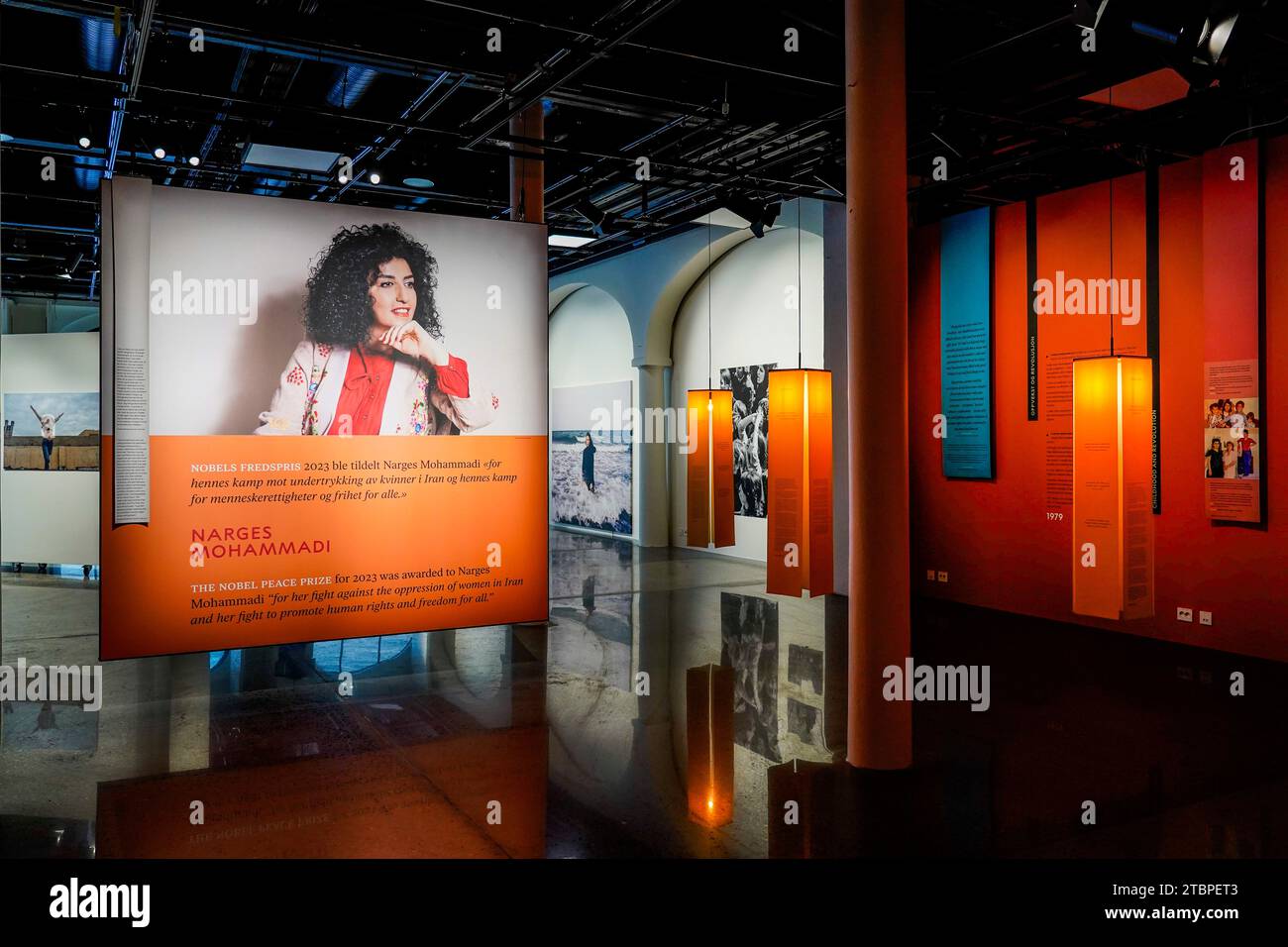 Oslo 20231208.The Nobel Prize exhibition 'Woman – Life – Freedom' shows a number of photographs of the Iranian prize winner Narges Mohammadi, who is currently imprisoned. Photo: Gorm Kallestad / NTB Stock Photo