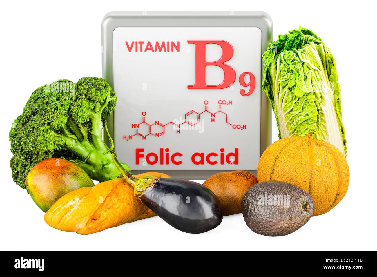 Products containing Vitamin B9, Folic Acid. 3D rendering isolated on