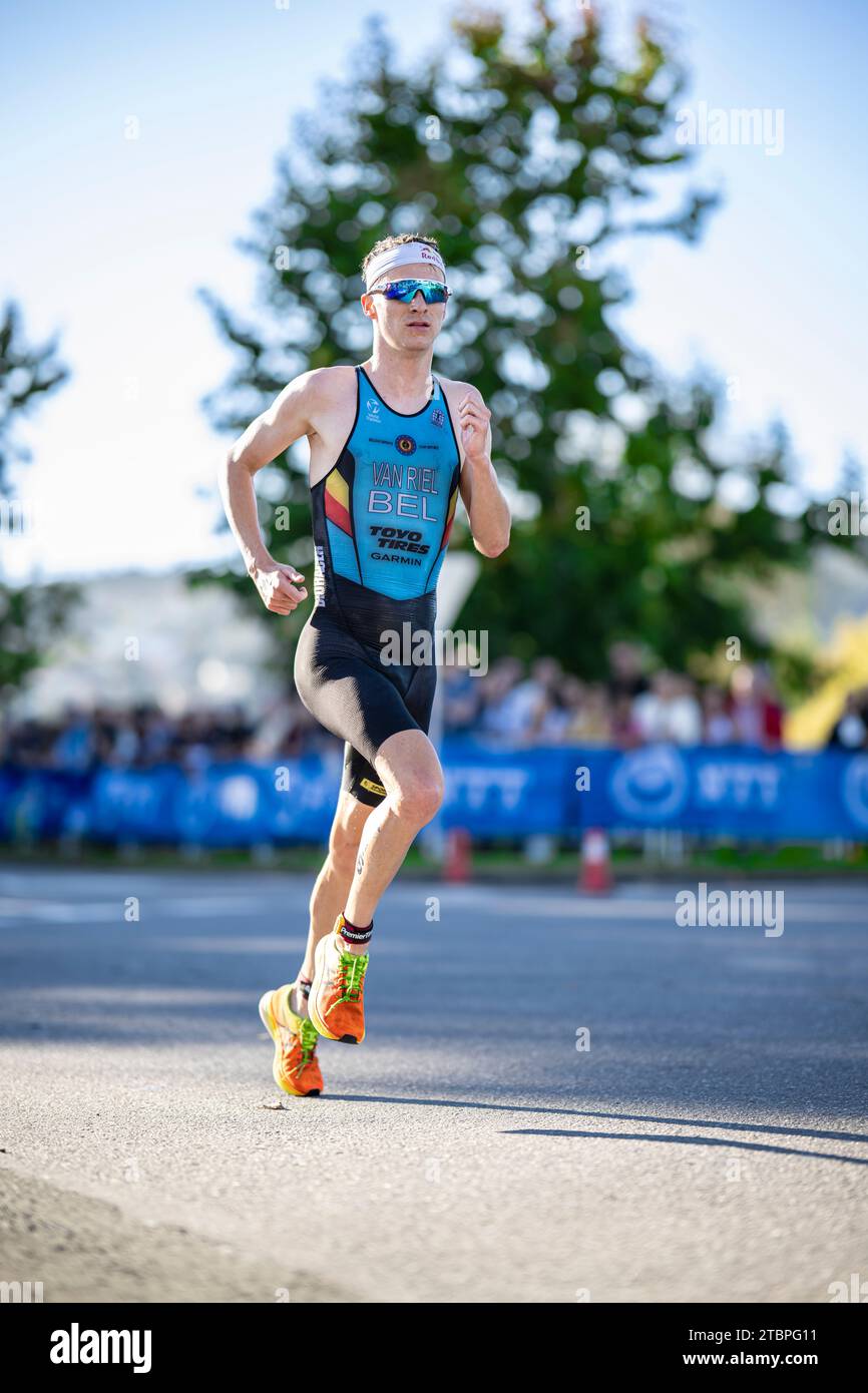 Marten Van Riel participating in Pontevedra in the 2023 World Triathlon ...