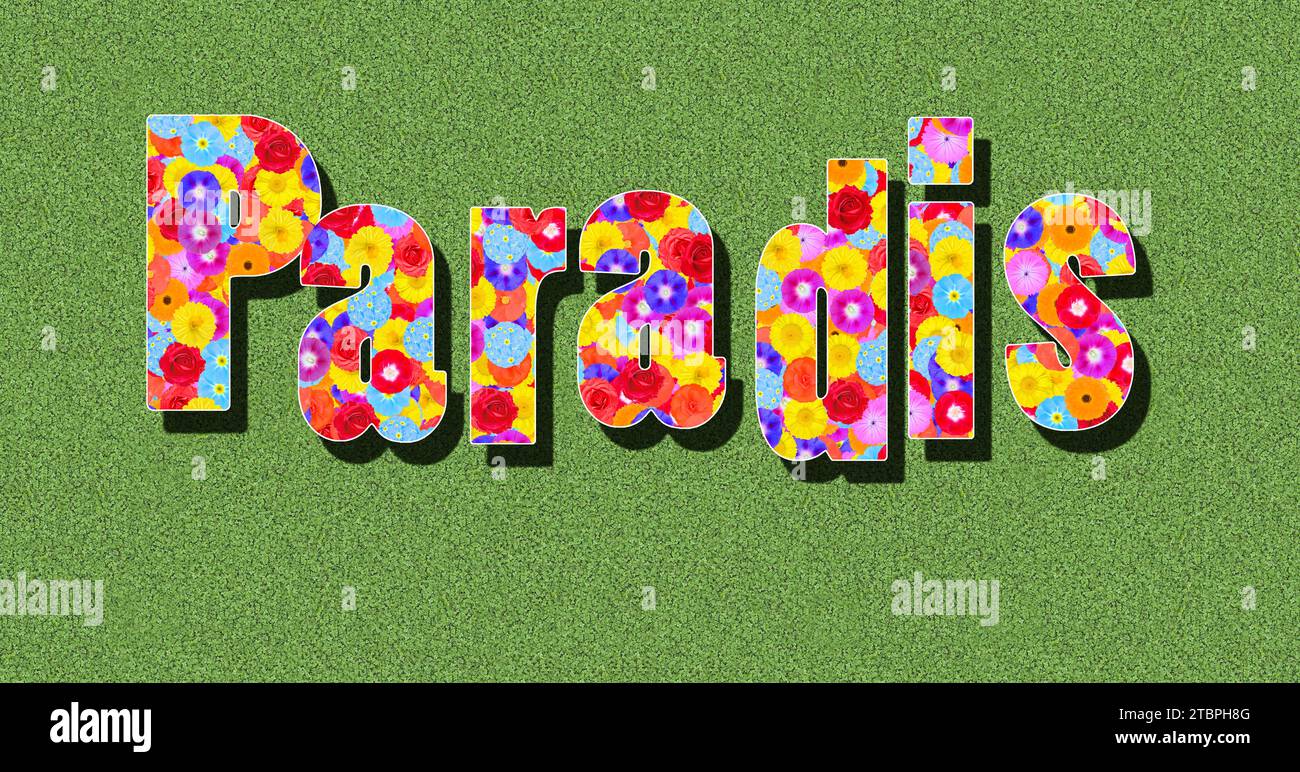 Font, text, french word Paradis for Paradise, written with colorful