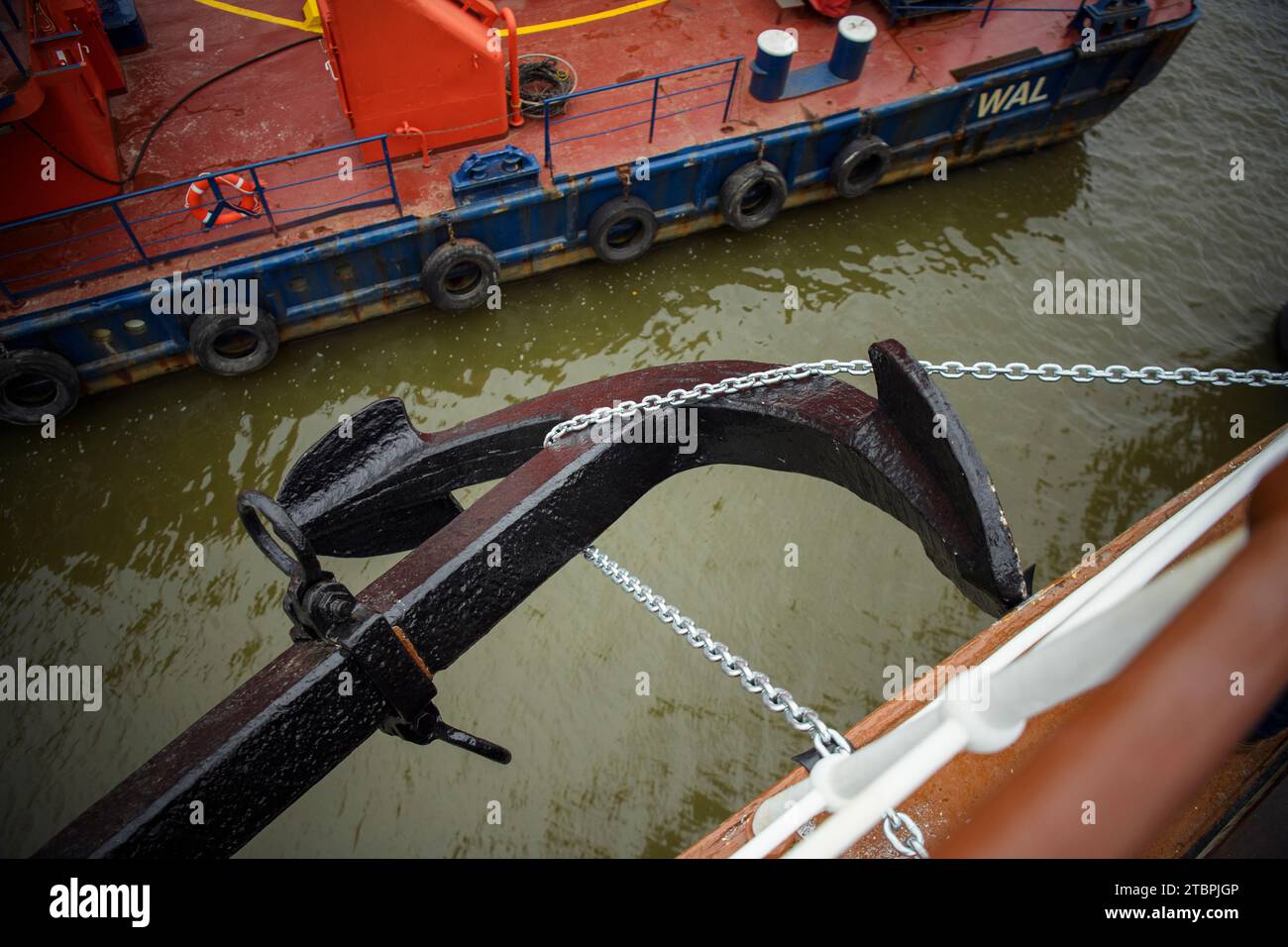Hamburg, Germany. 08th Dec, 2023. View from above of the newly installed anchor of the four-masted barque and museum ship 'Peking' in the museum harbor in Hamburg. The anchor comes from the sister ship 'Pamir', which sank in 1957. Credit: Gregor Fischer/dpa/Alamy Live News Stock Photo