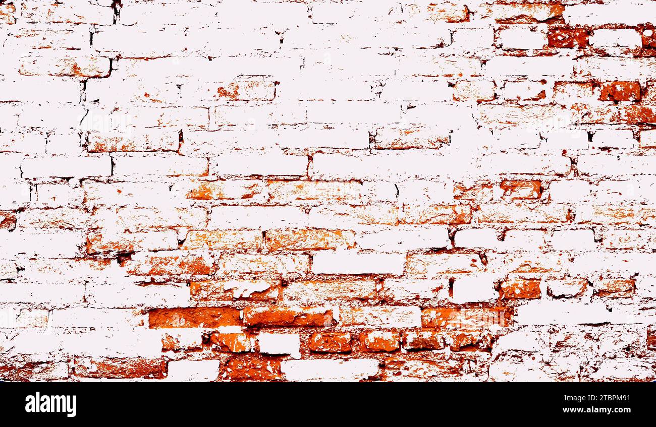 A vertical orange and white brick wall with sections of flaking paint ...