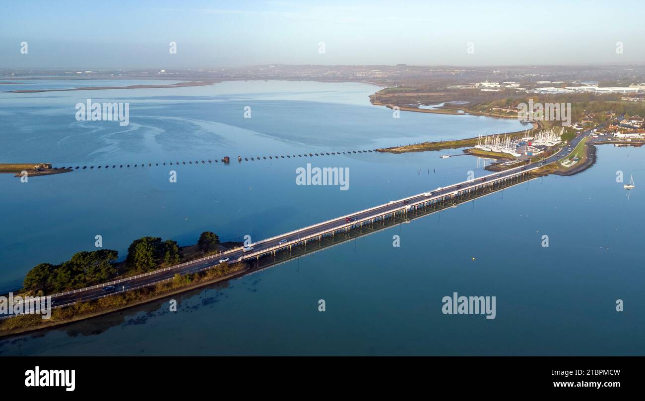 Aerial view of road bridge to Hayling Island (left of picture) in