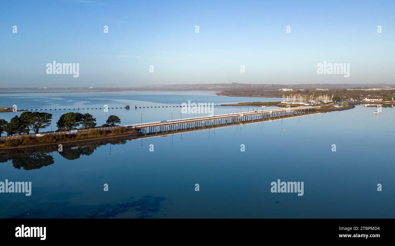 Aerial view of road bridge to Hayling Island (left of picture) in