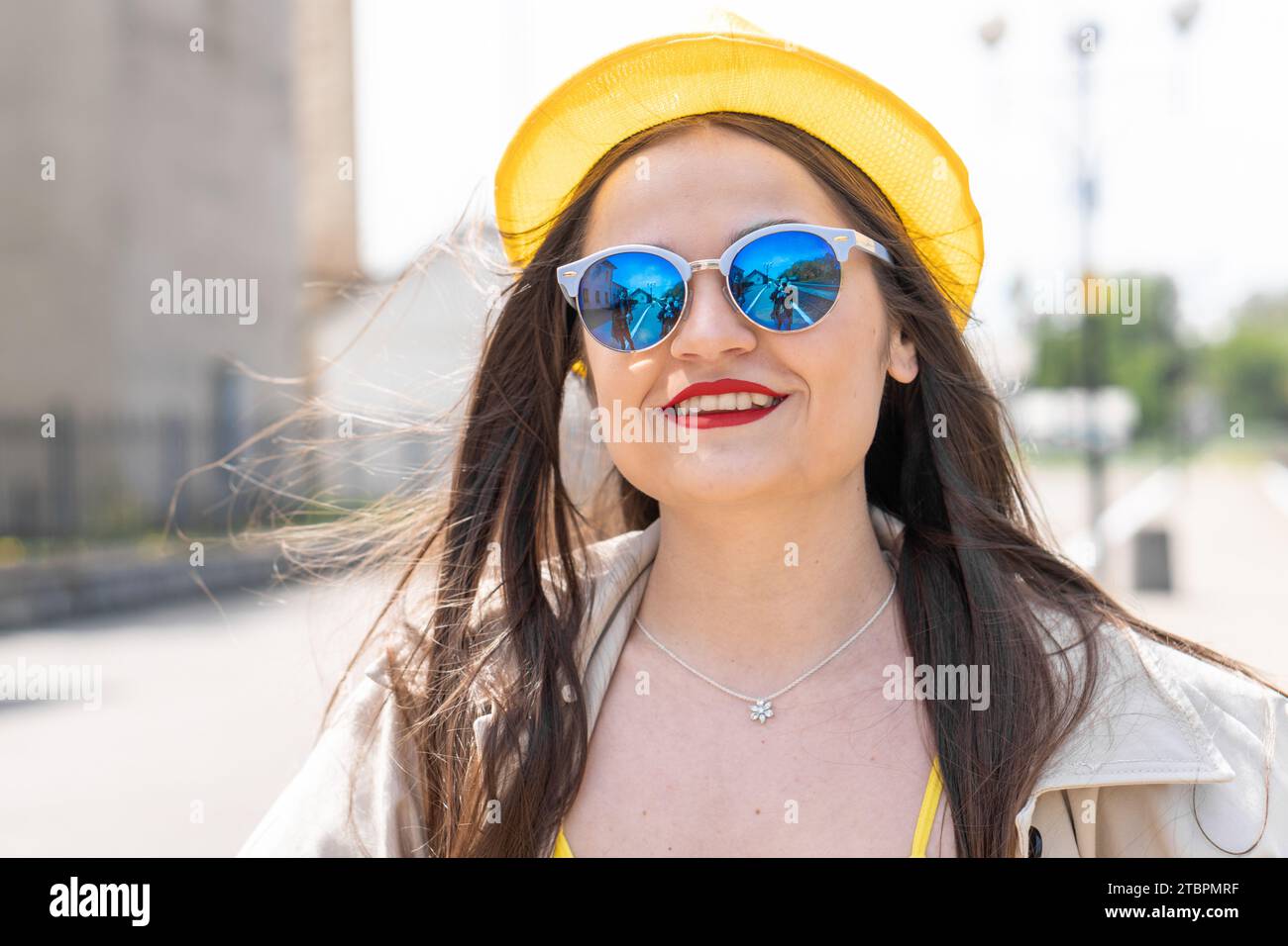 Weightlessness of dreams: the image of a woman embodies the energy that gives wings for travel. Discovering the unknown: the future of her travels Stock Photo