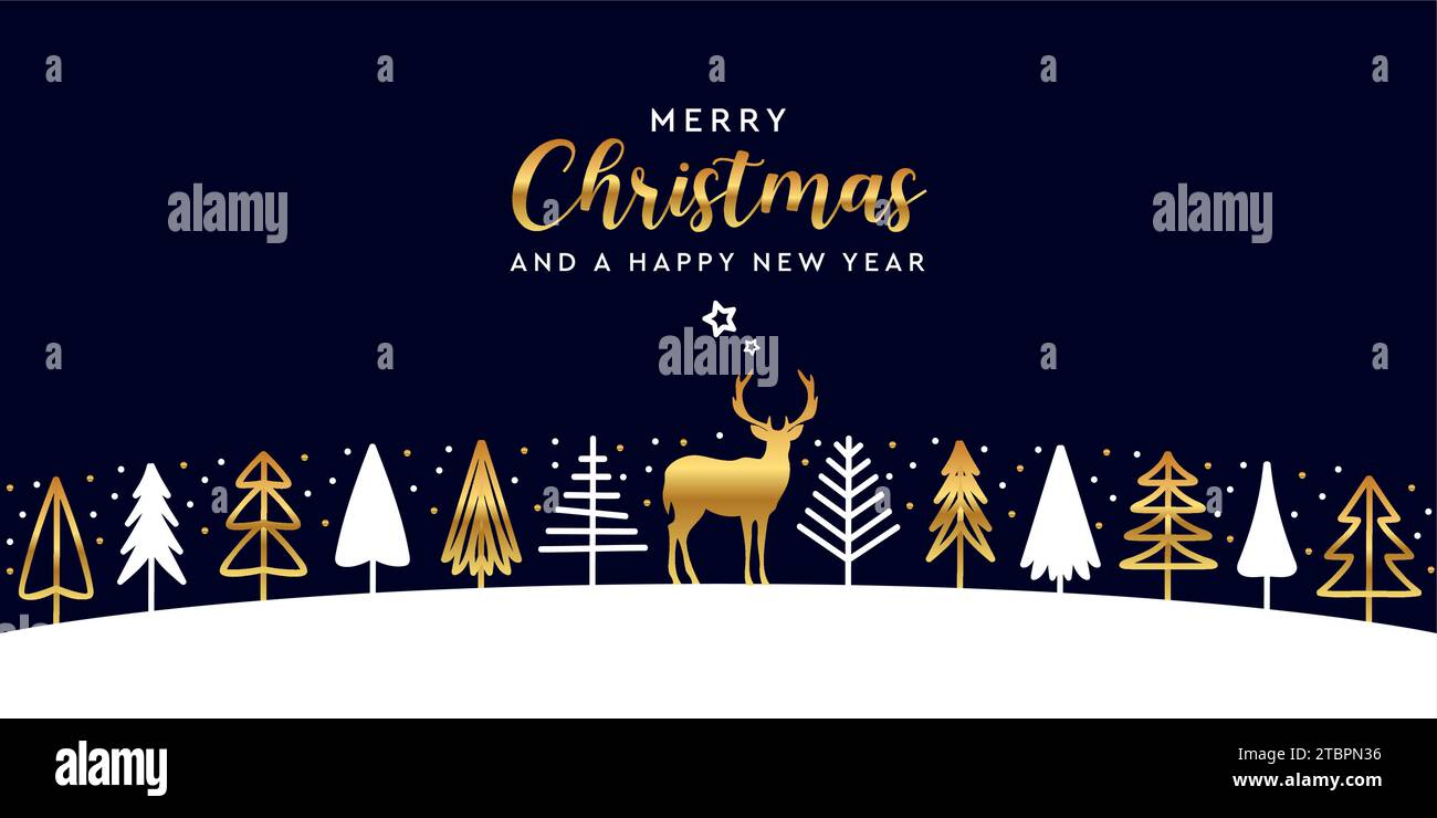 christmas greeting card with golden deer in forest vector illustration ...