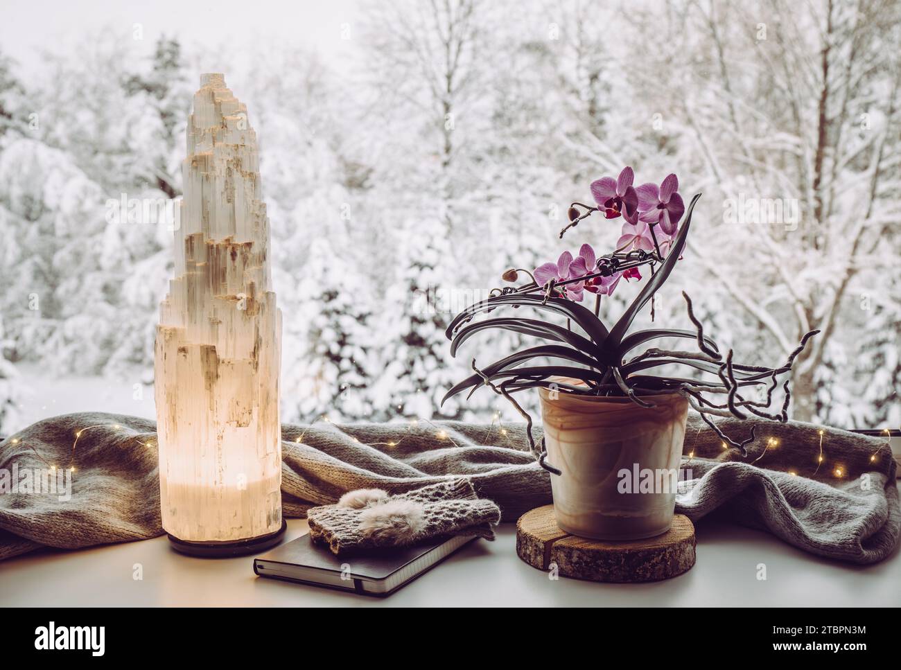 Cozy winter home set with natural selenite crystal electric tower lamp illuminated on window sill, gray color scarf and gloves, paper note book orchid. Stock Photo